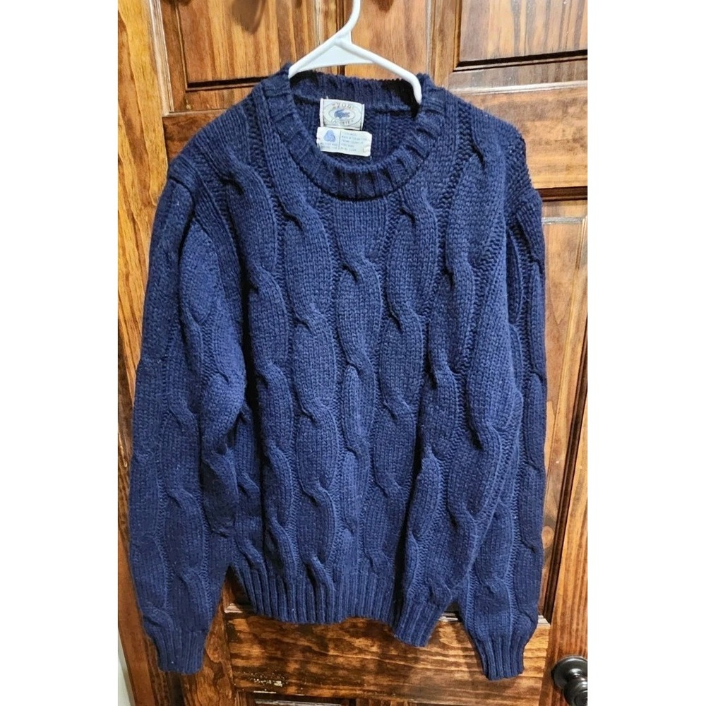 Izod Lacoste 100% Wool Vtg Fisherman Cable Knit Chunky Navy Sweater Old Money L